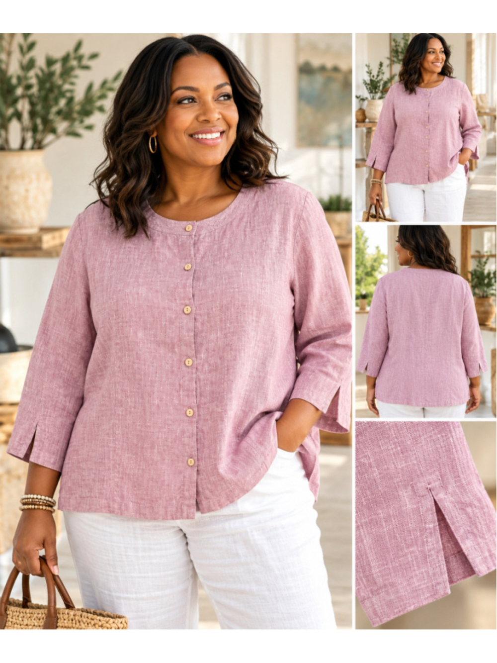 Eileen Fisher Woman 1X 100% Irish Linen Pink Button Front Tunic Top